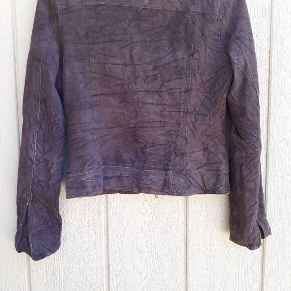 Isaac Mizrahi Leather Suede Jacket Moto Distressed Crinkle Textured Brown Sz M - Picture 11 of 14